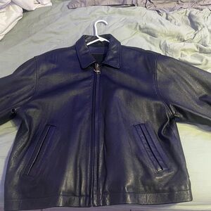 Navy Bomber Jacket with Ribbed Cuffs and Varsity Stripes